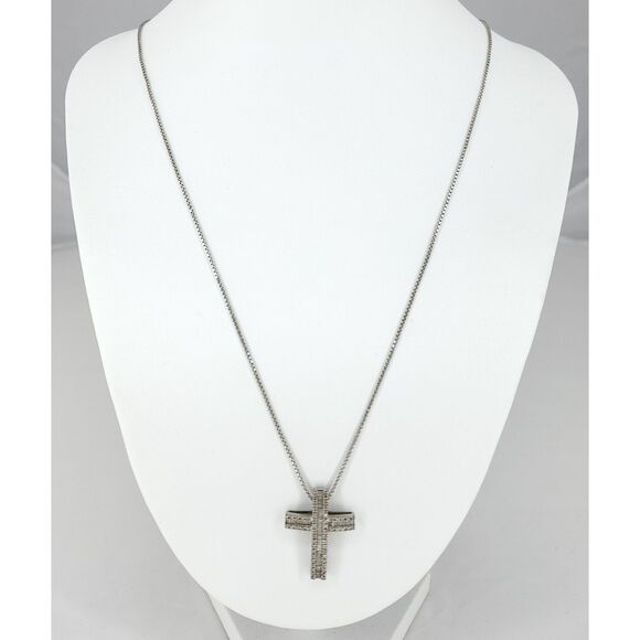 VTG Baguette & Round Diamond Cross 1" Pendant Box Chain Necklace Signed SJ 925 - Picture 7 of 7